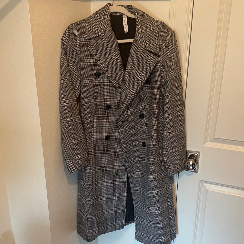 Mural Men's Black and Gray Plaid Trench Coat